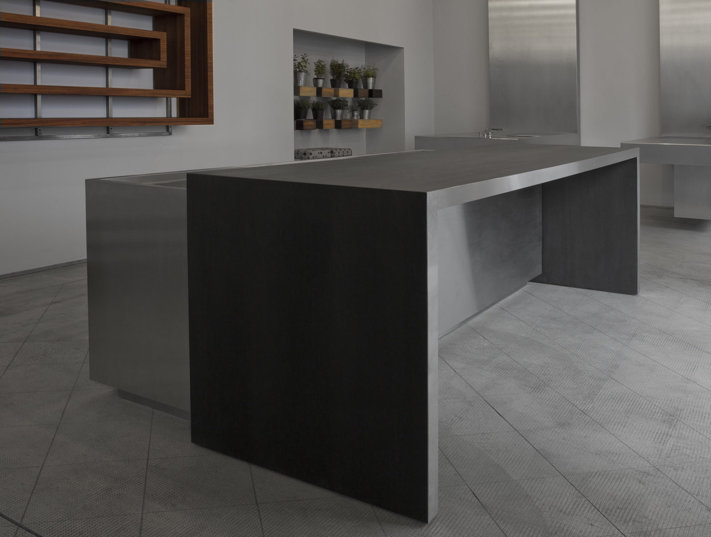 Strato_design_SEMPLICE#4_kitchen island with sliding bar counter_Oak wood dark brown_mat stainless steel_2014_04