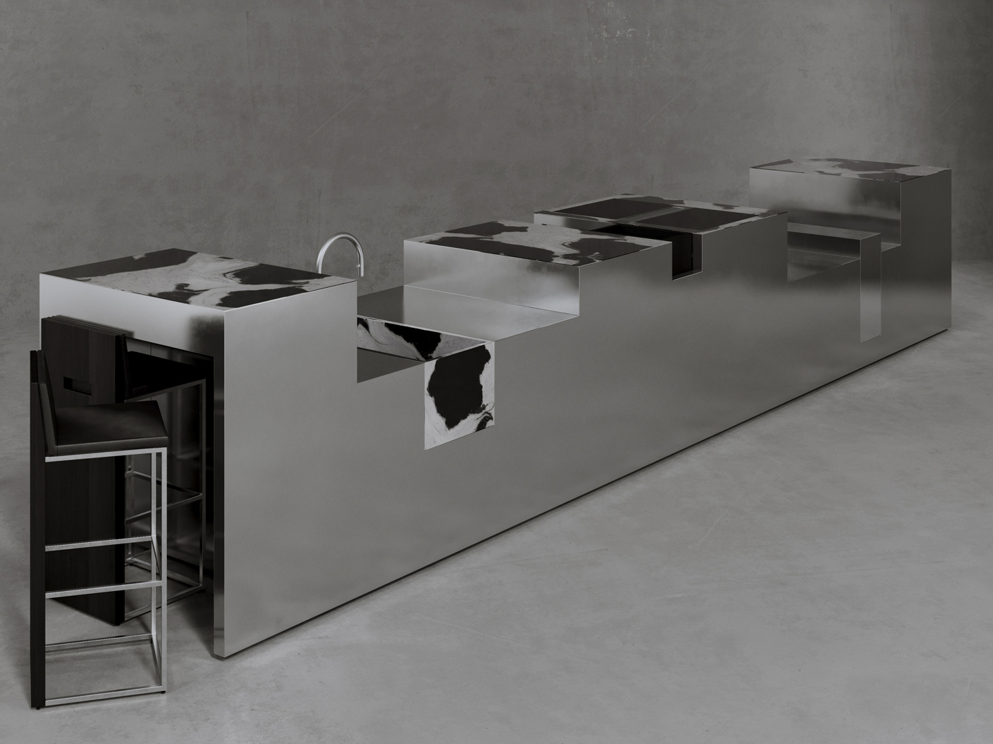 Strato_design_SKYLINE_kitchen island_titanium_marble_mirror stainless steel_2